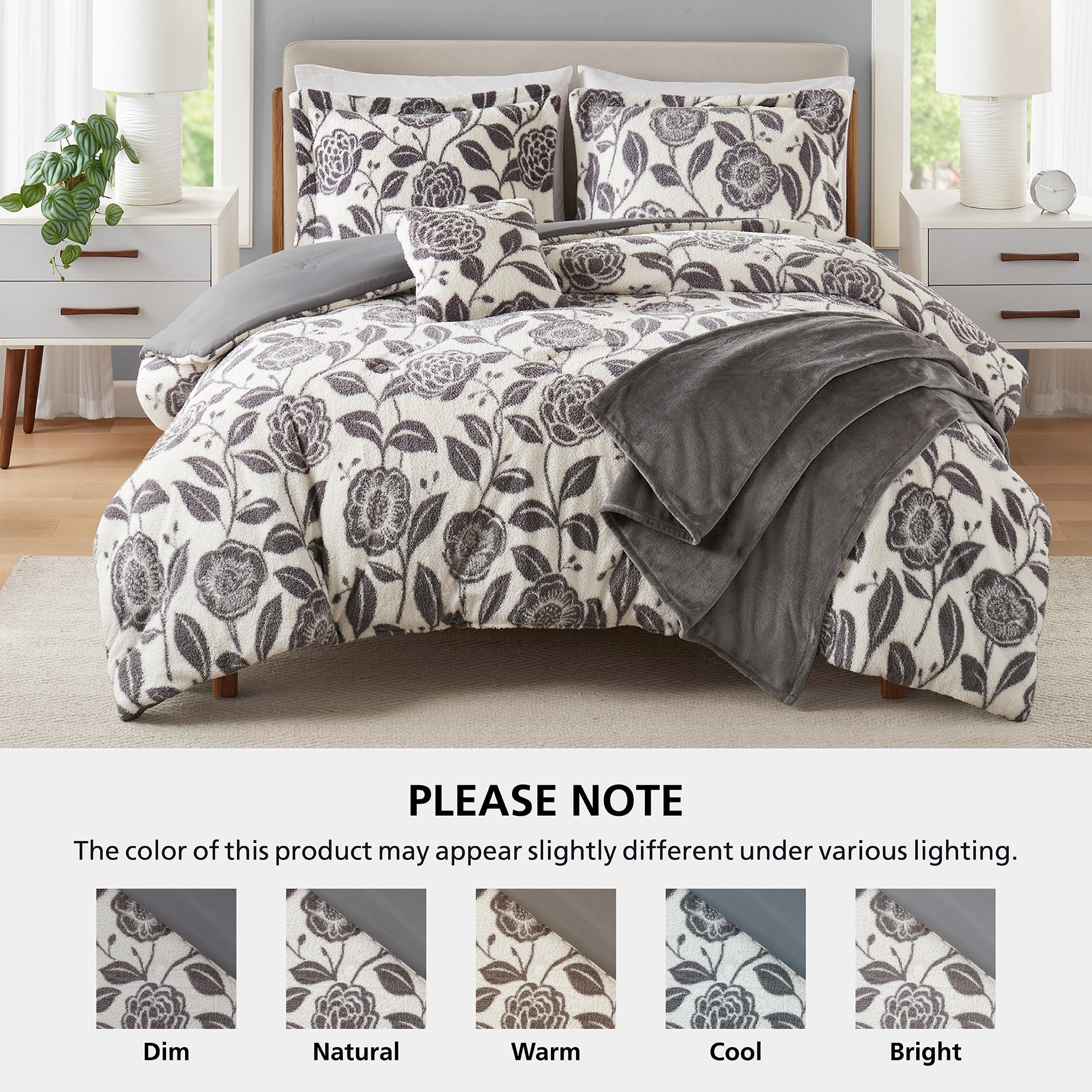 Mainstays King Comforter Set, All-Season, 5-Piece, Grey Floral Cozy Plush