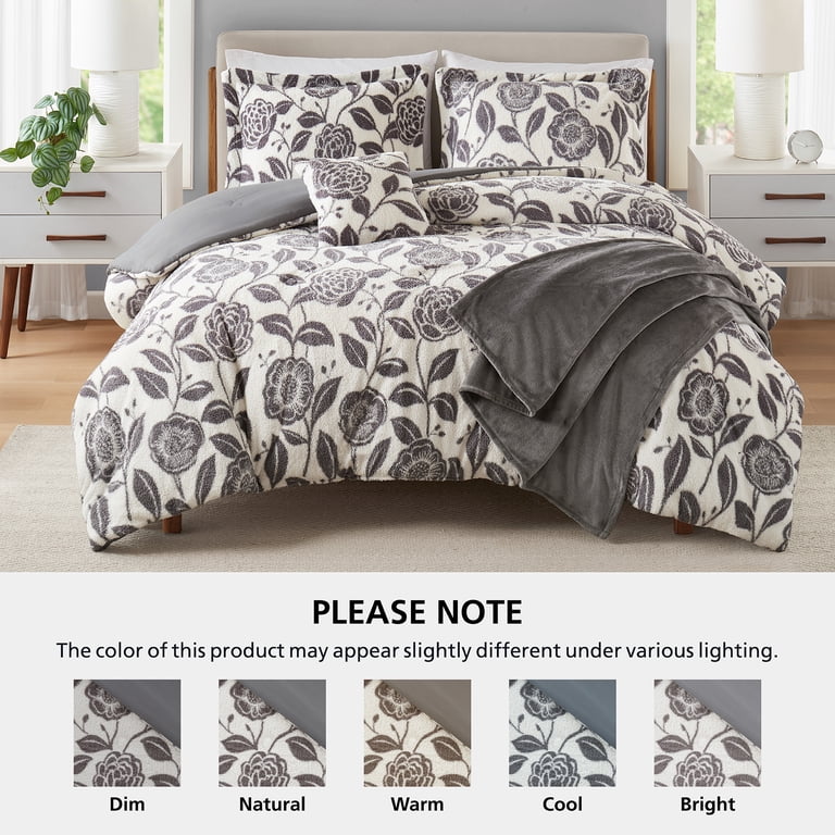 Mainstays King Comforter Set, All-Season, 5-Piece, Grey Floral
