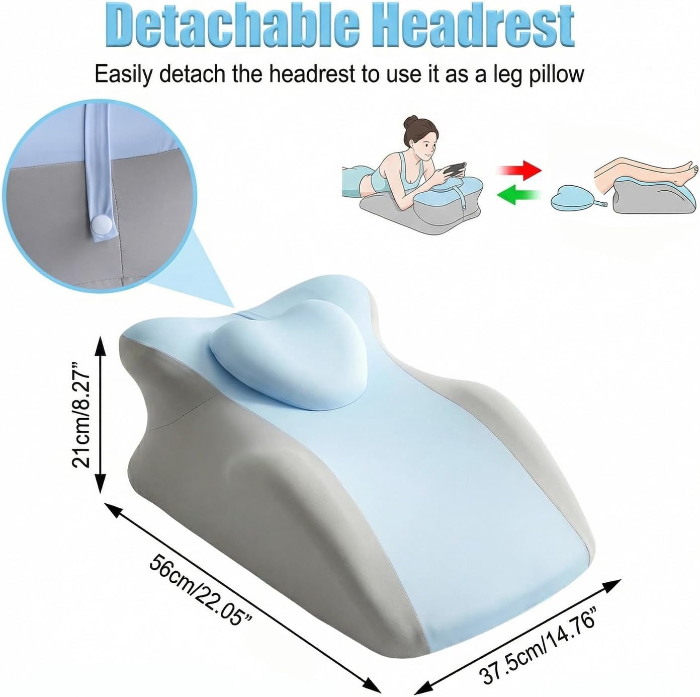 Ergonomic Memory Foam Wedge Pillow for Back Pain Relief, Acid Reflux, Sitting Up in Bed, Reading and Massage, with Removable Blue & Gray Cover