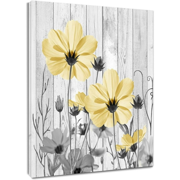 Vintage Floral Wall Art for Living Room, Grey and Yellow Flower Plant on Rustic Wood Boards Canvas Wall Art Country Wildflower Framed Wall Art for Bedroom Bathroom Wall Decor, 12X16 inch