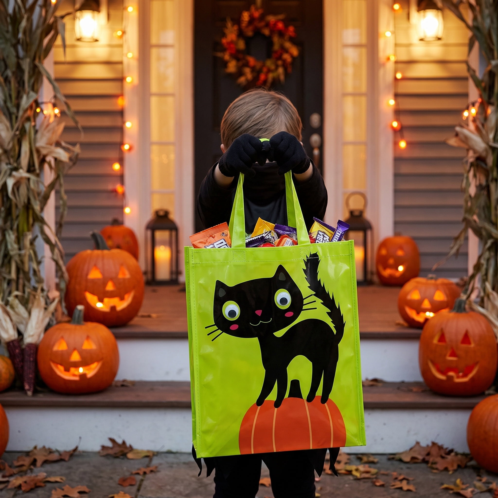 Googly Eye Cat Trick-or-Treat Party Bag, Green and Black, Halloween by Way To Celebrate