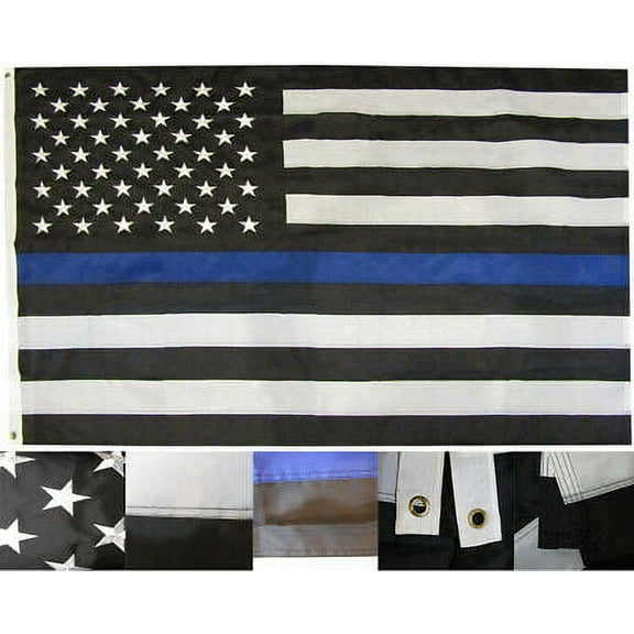 3x5 USA Police Memorial Thin Blue Line 3'x5' 210D Nylon Embroidered Flag (RUF)