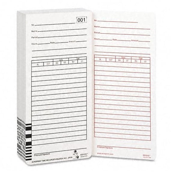 Time Card for Es1000 Electronic Totalizing Payroll Recorder, 100 Per Pack