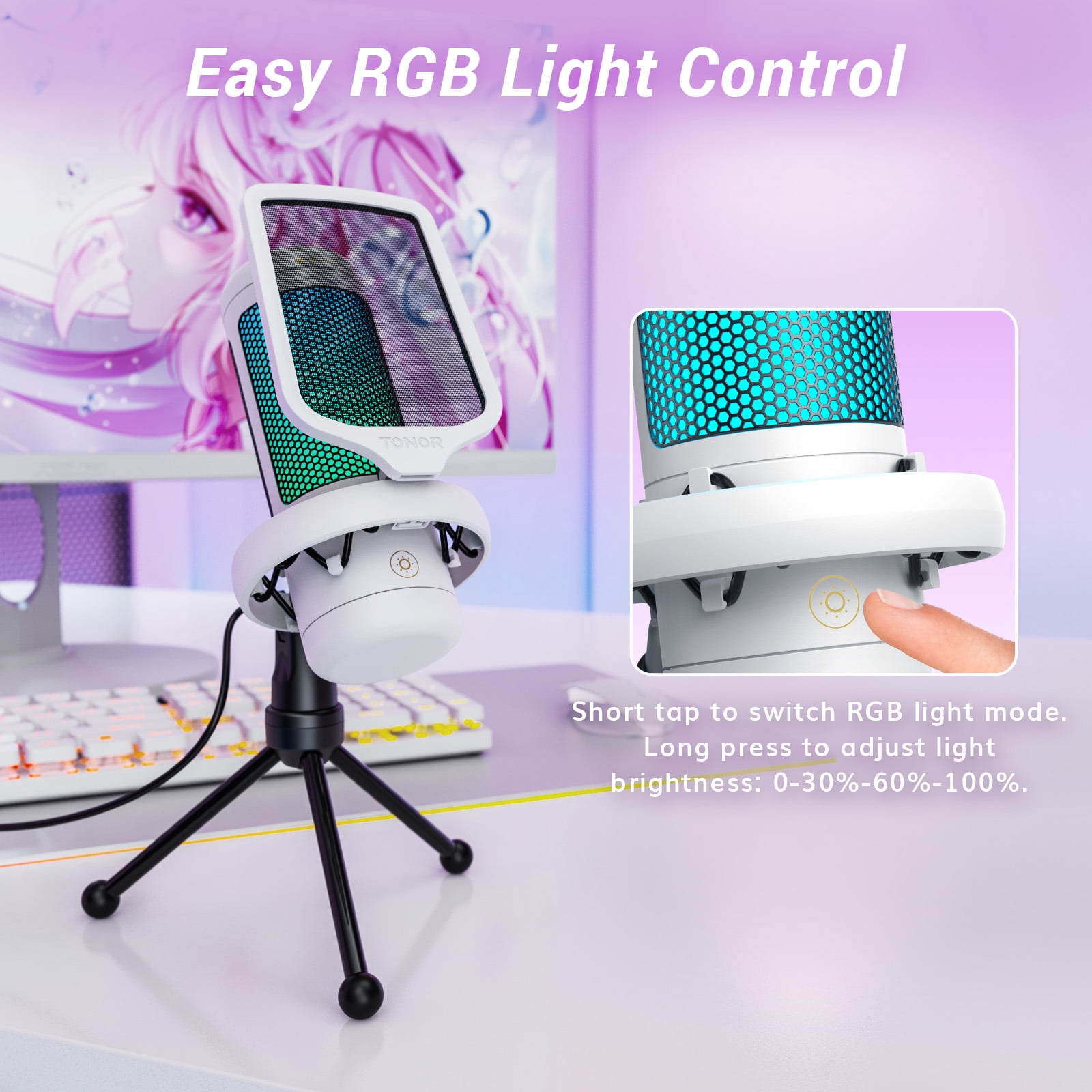 TONOR TC310 Gaming Microphone Type-C Plug, Desktop USB Microphone with RGB, Quick Mute, for Twitch, Streaming, Podcast, Studio Recording, Discord Chatting, 200 cm/78 inch Cable, White