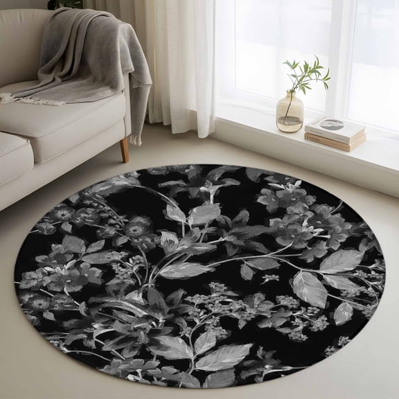 3ft Round Rug, Black and White Floral Non-Skid Rubber Backing Large Area Rugs - Living Room Bedroom Home Office, Modern Oil Painting Abstract Art Indoor Floor Mat Carpets Washable Rug
