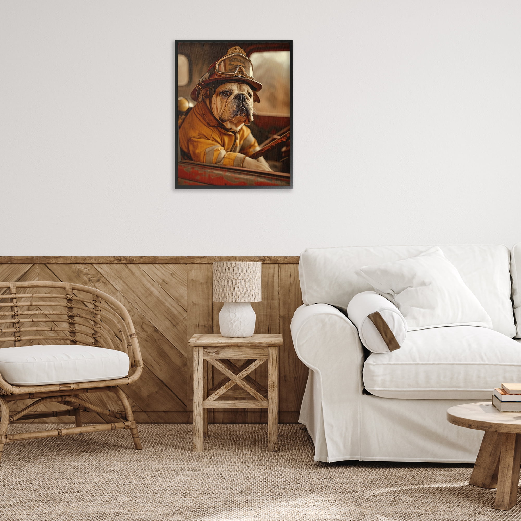 Stupell Industries Rustic Bulldog Fireman Novelty Painting Black Framed Art Print Wall Art, 24 x 30