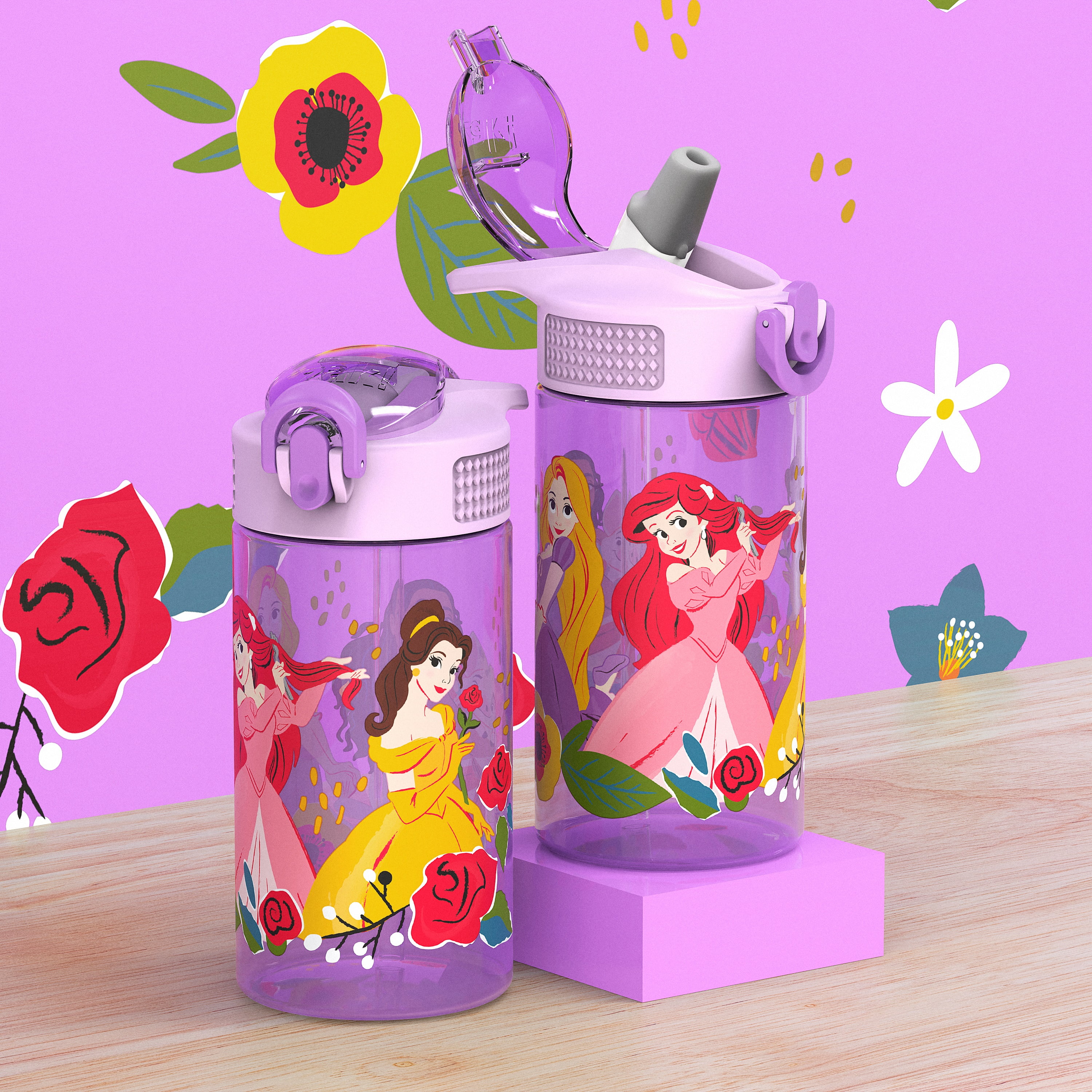 Disney Princess Dual-Tone Pink Portable Floral Theme Hard Water Bottle