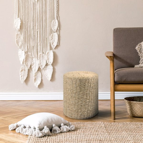 Decor Round Pouf Ottoman Double-Strand Beige Paper Rope Pouf Footrest, Foot Stool, for Bed Room Living | Room | Accent Seat