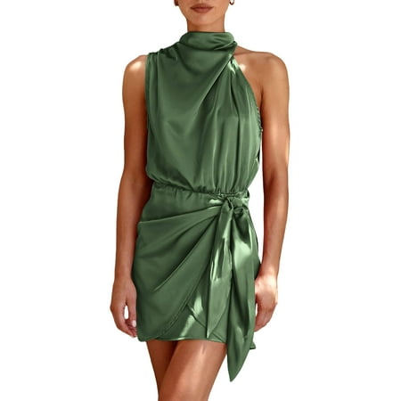PRETTYGARDEN Women's Short Formal Satin Dress Summer Sleeveless Mock Neck Tie Waist Cocktail Party Dresses
