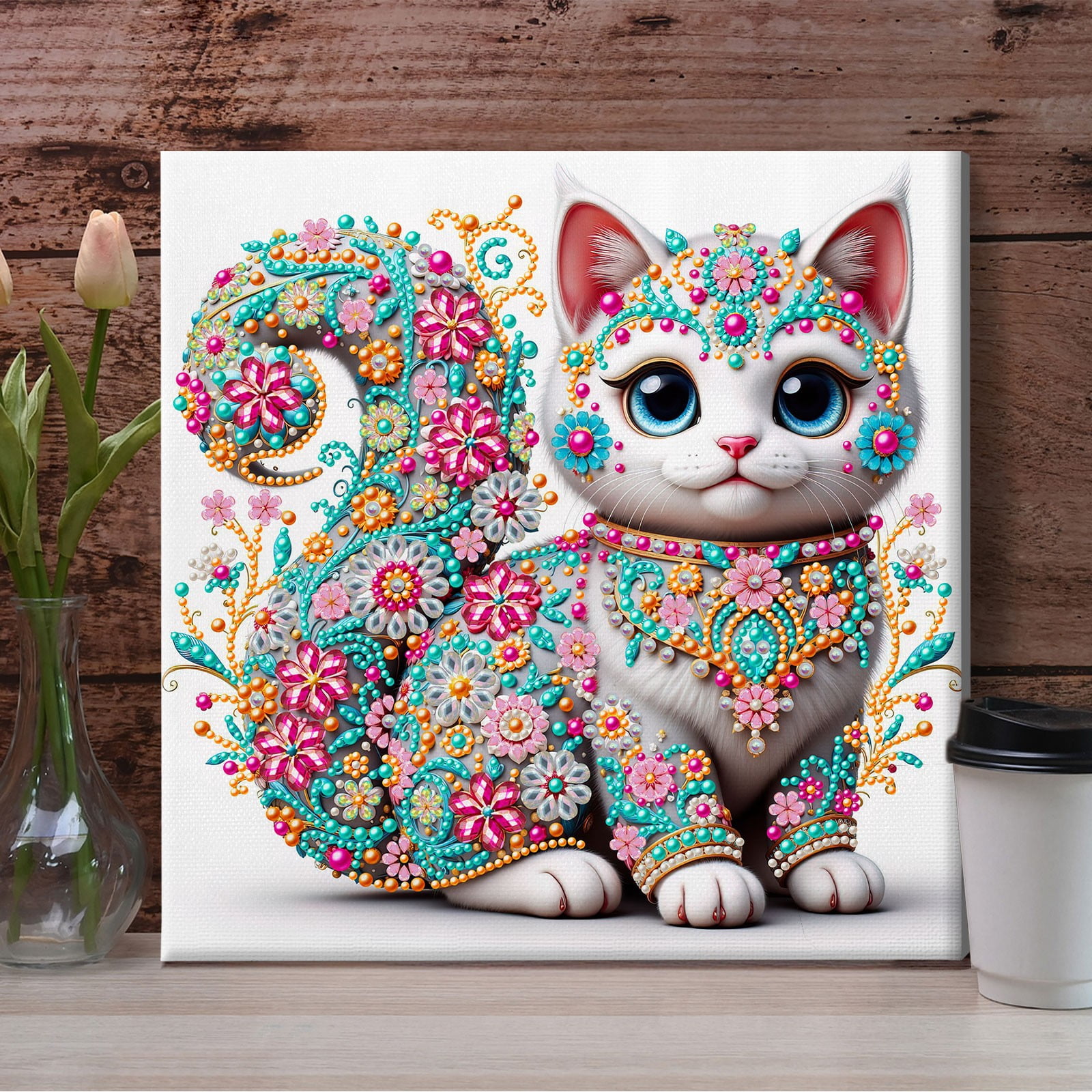 FLOPESN DIY Pearl Painting Kit with Wood Frame, 11.42x11.42 Inch Home Wall Art Decor, Mindful Adult Craft for Stress Relief and Relaxation-Cat-1