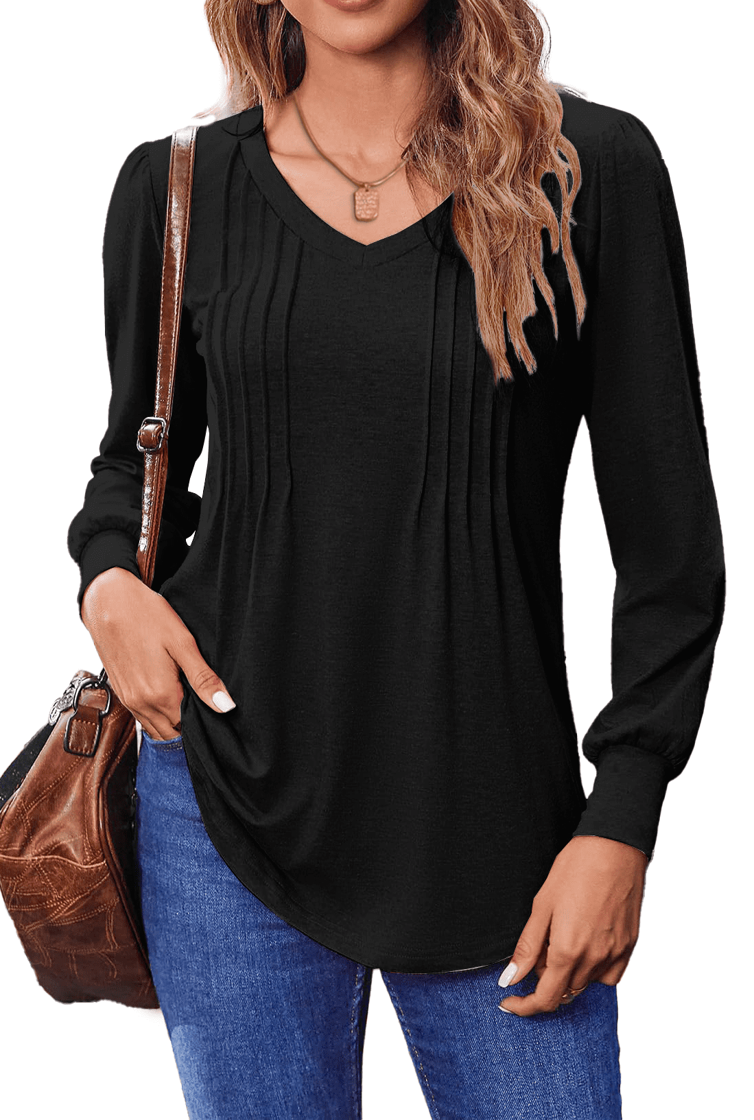 Fantaslook Long Sleeve Shirts for Women Fall Tops Dressy Casual Blouses Pleated V Neck Tunic Tops