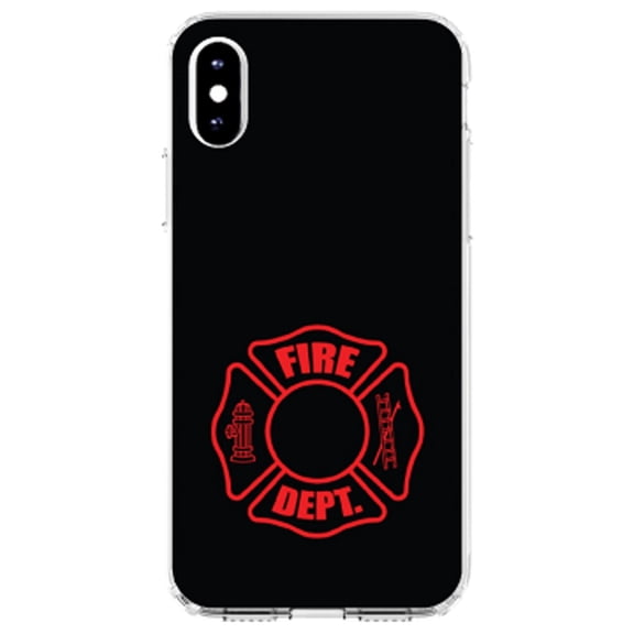 DistinctInk Clear Shockproof Hybrid Case for iPhone XS Max (6.5" Screen) - TPU Bumper, Acrylic Back, Tempered Glass Screen Protector - Red Fire Department Maltese Cross - First Responders