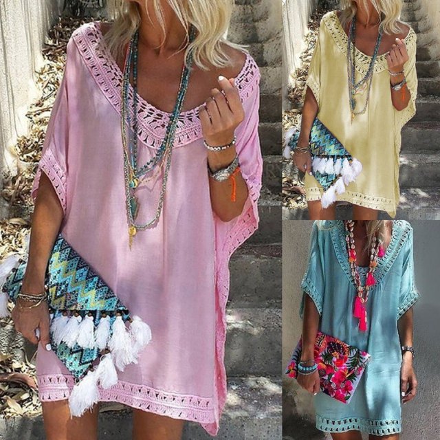 Maillot de bain couleur unie pour femmes, couverture creuse, Patchwork au Crochet, robe de plage surdimensionnée, col en V profond, épaules dénudées, hauts tuniques XianweiShao 8390613945235