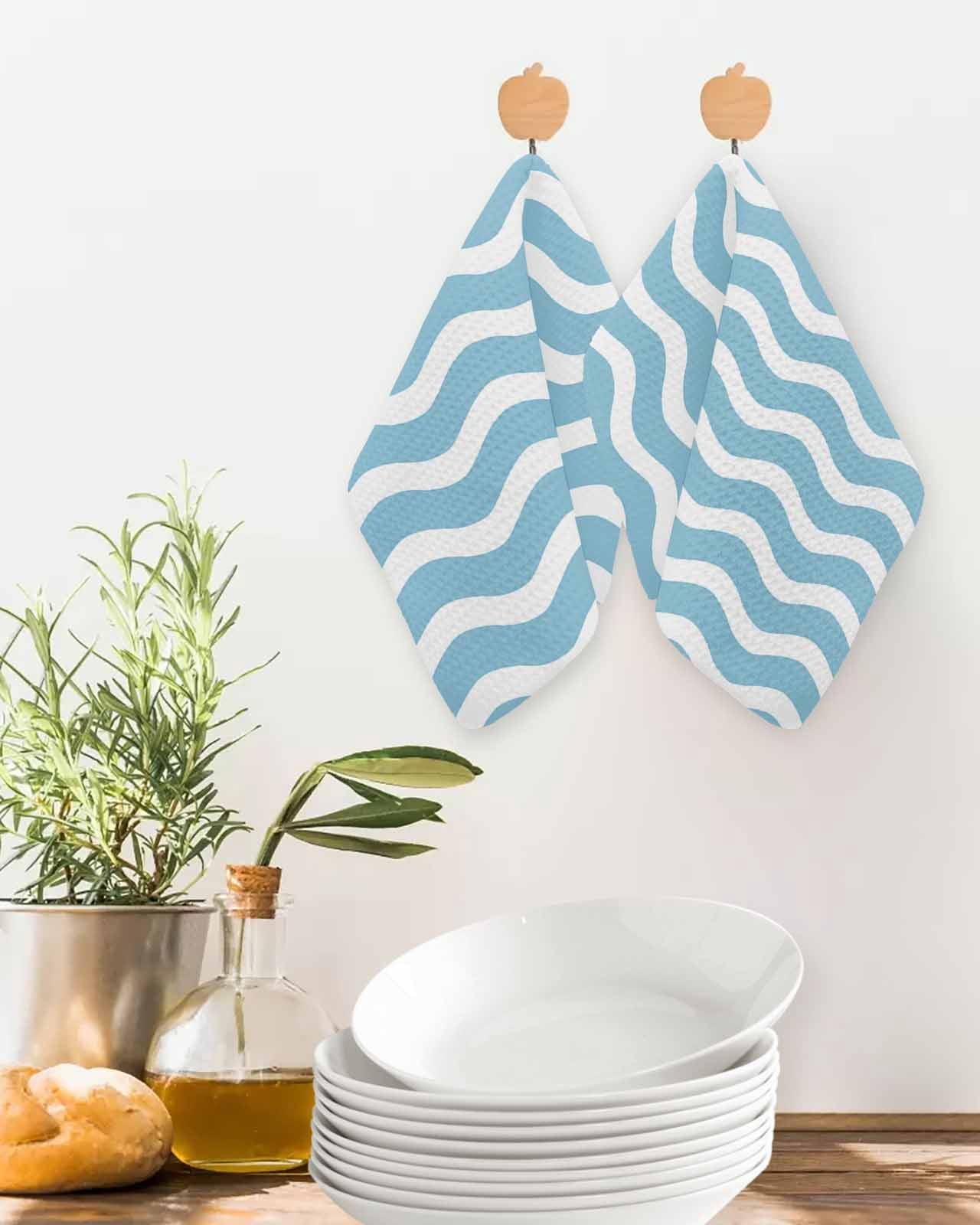 Blue White Kitchen Dish Towels for Drying Dishes Set of 3, Modern Abstract Waves Water Ripple Striped Waffle Weave Microfiber Terry Hand Tea Bathroom Towels Quick Dry & Absorbent Towel 12x12