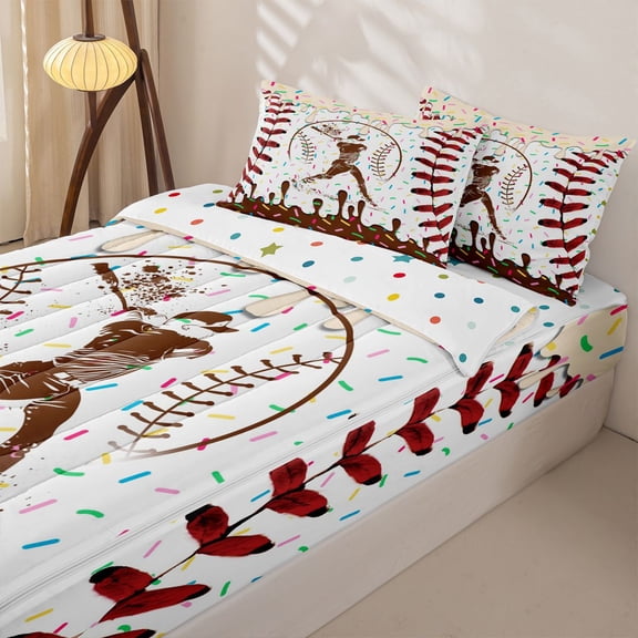 Homewish Baseball Lover Kids Zipper Twin Comforter Sets with Fitted Sheet and 2 Pillowcases, Brown Ice Cream Drip Zipper Bedding Set, Polka Dots Reversible, 4 Pieces