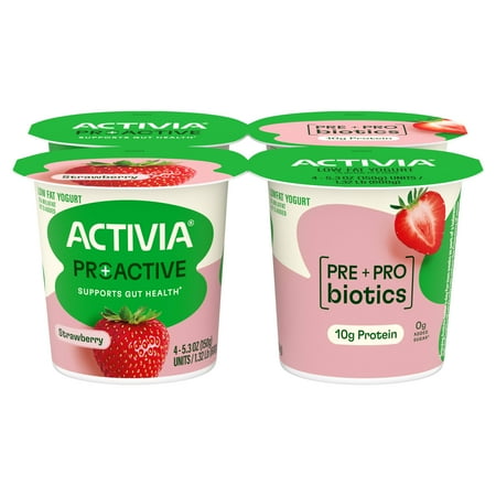 Activia Proactive Strawberry Prebiotic and Probiotic Yogurt Cups, 5.3 oz, 4 Count