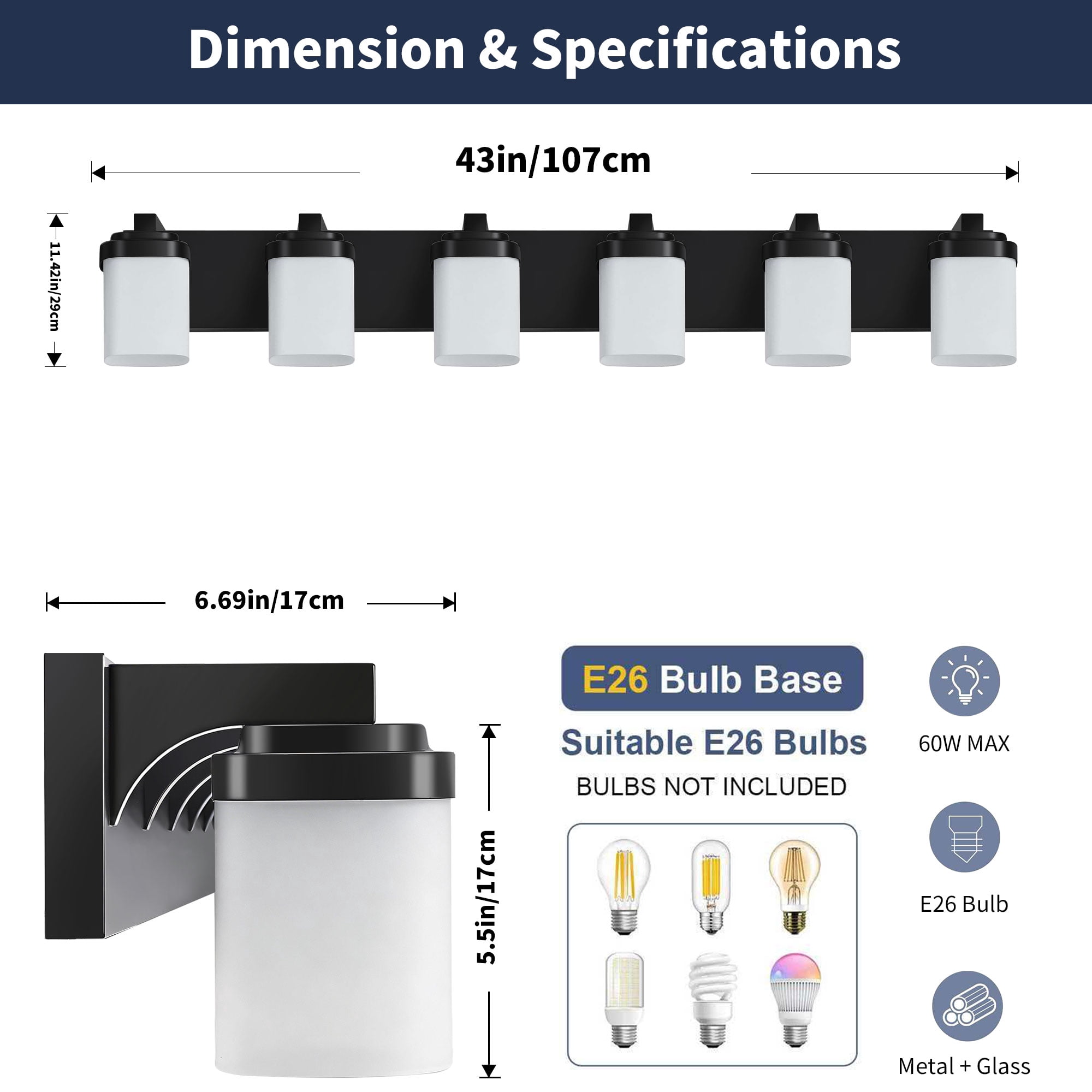6-Light Black Vanity Lights, 43'' Modern Bathroom Vanity Lighting Fixtures for Mirror, Matte Bathroom Lighting Fixtures, Black Wall Sconces for Bedroom Living Room