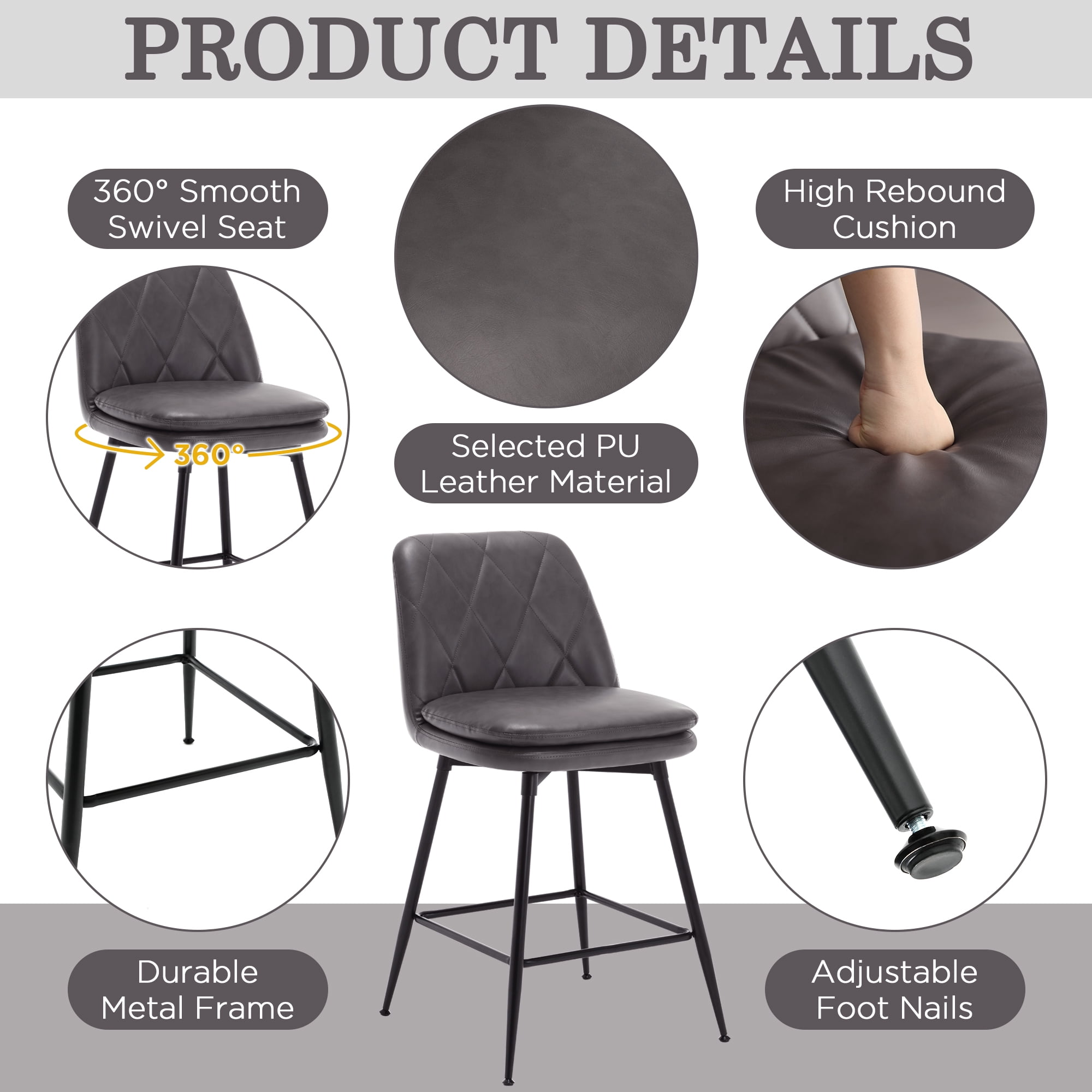 TEWLOSS 24" Counter Height Bar Stools Set of 2 Swivel Barstools Faux Leather Kitchen Chairs, Gray