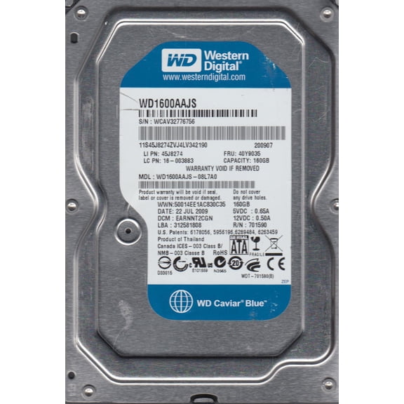 WD1600AAJS-08L7A0, DCM EARNNT2CGN, Western Digital 160GB SATA 3.5 Hard Drive