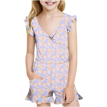 Kids Girls One Piece Swimsuit Athletic Built in Bra Ruffled Sleeve Trim V Neck Swim Romper and Shorts Cute Print Bathing Suit with Pockets
