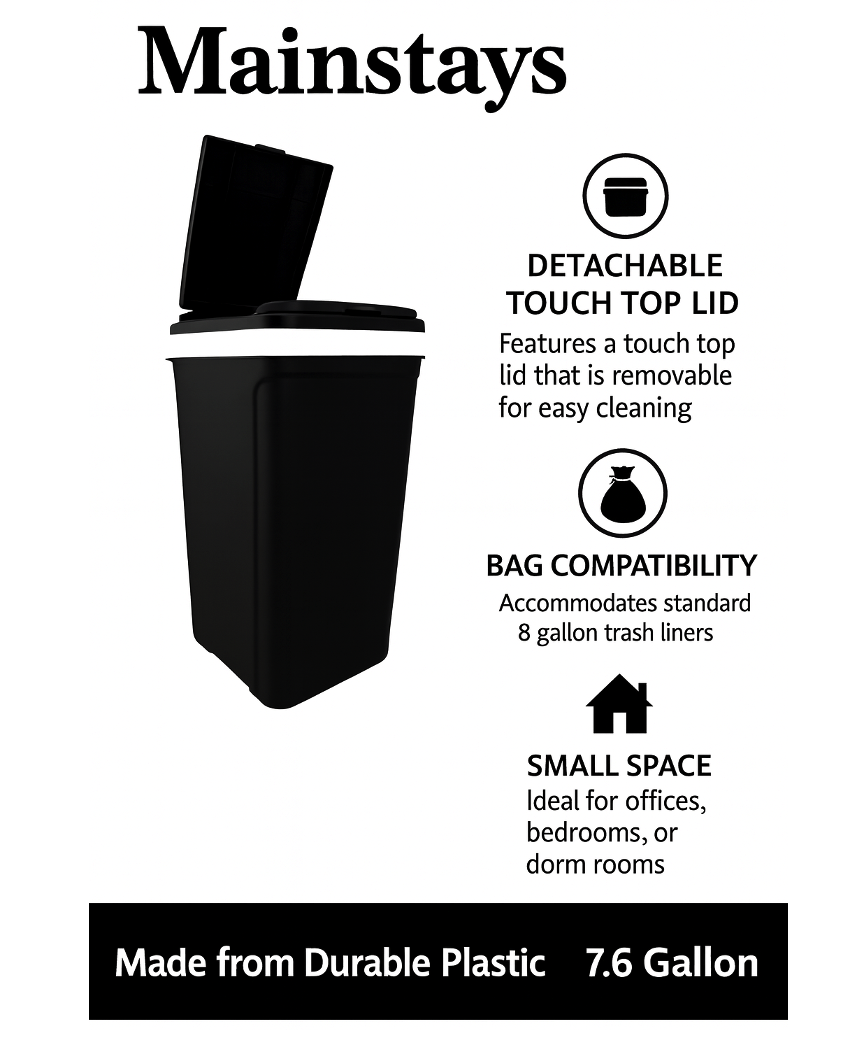 Mainstays Kitchen Trash Can, 7.6 Gallon, Black photo 2