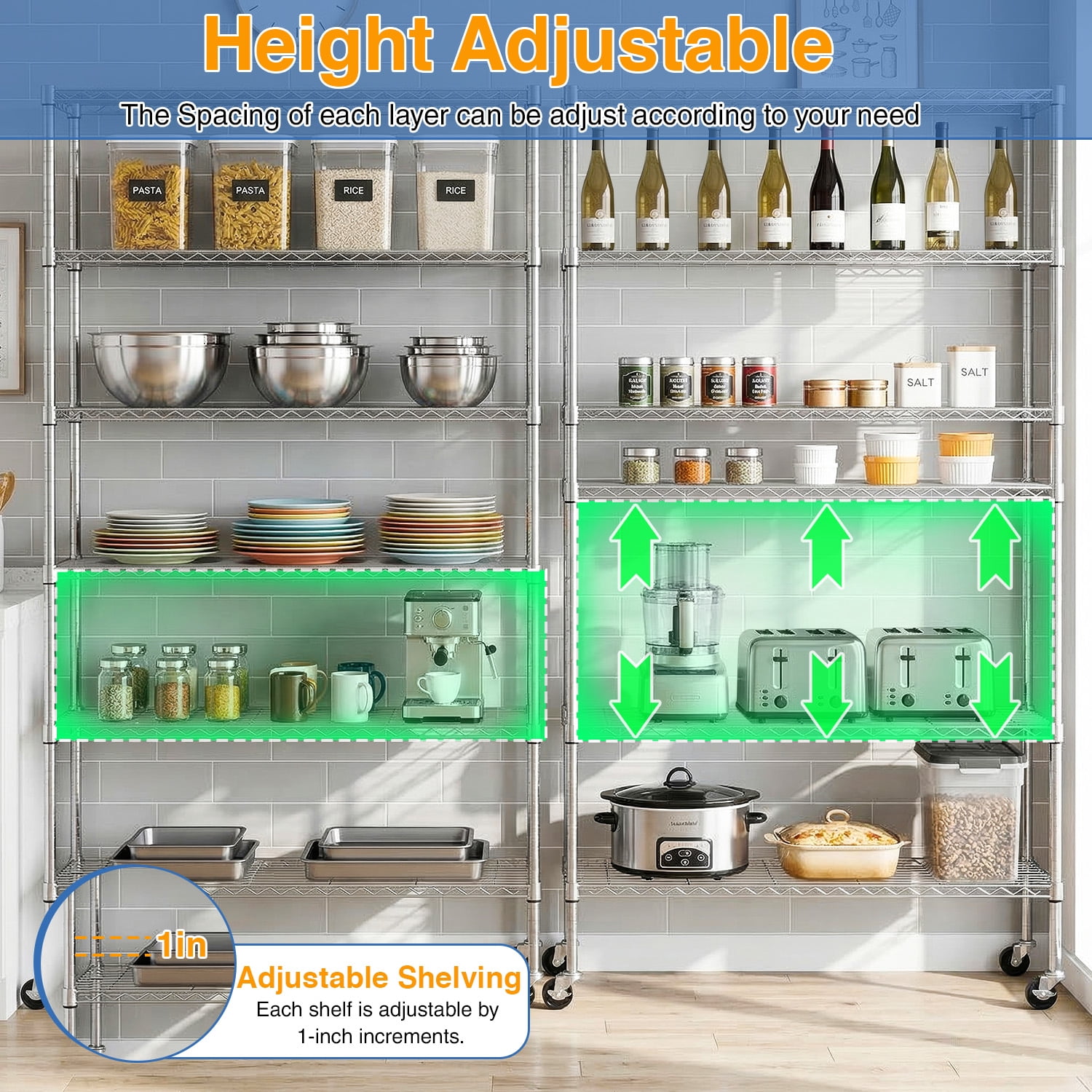 BestOffice 82"x45"x18" 6 Tire Wire Shelving Unit NSF Storage Shelves Large Heavy Duty Metal Shelf Organizer Height Adjustable Steel Rack 2100 LBS Capacity with Wheels (Chrome)