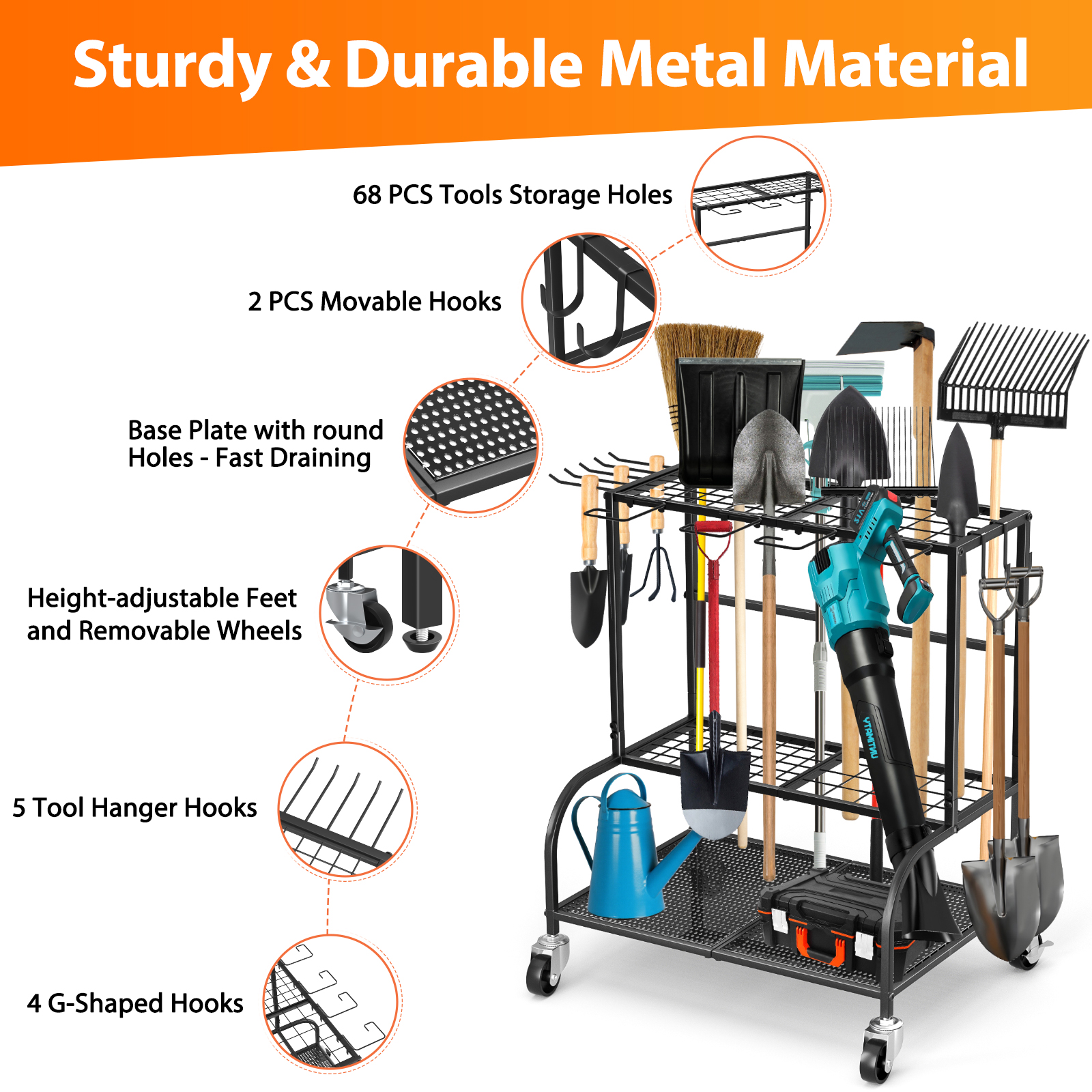 UNTIMATY Metal Garden Tool Organizer with Wheels, Black photo 4