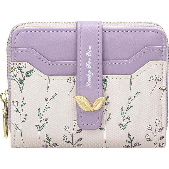 Wallet for Women Cute Floral Flower Wallet RFID Credit Card Holder Purse Small Bifold Zipper Coin Pocket Purse with ID Windows (Lavender)
