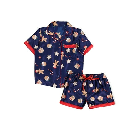 

Eyicmarn Women 2 Pieces Christmas Sleepwear Set Gingerbread Man Print Lapel Short Sleeve Button-Down Tops + Shorts Pajamas Suit