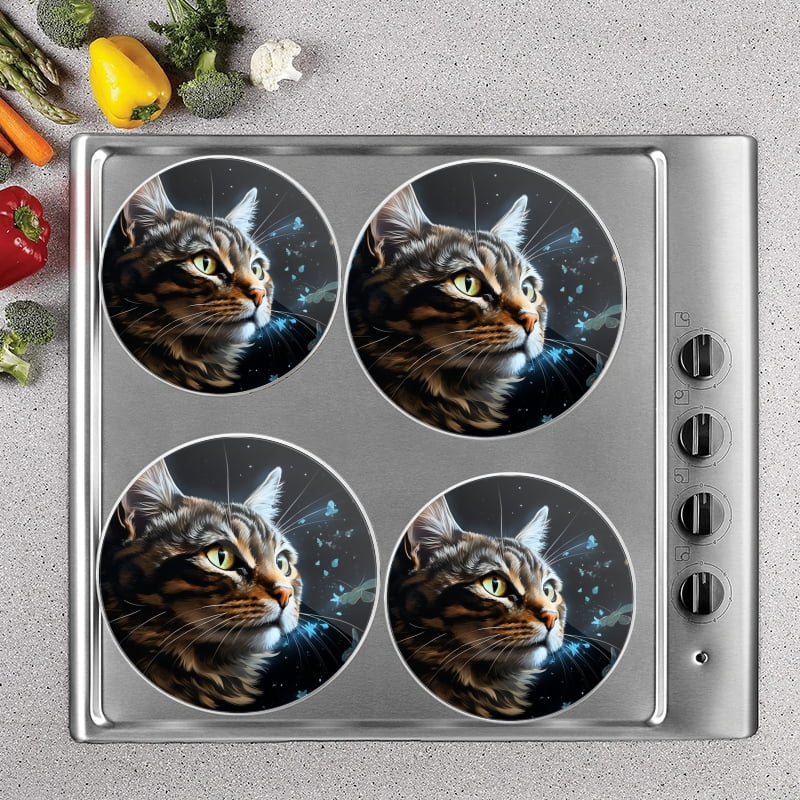 Bahomeck Electric Stove Burner Covers Set Of 4,Beautiful Cat Portrait With Butterflies Metal Gas Stove Burner Covers,Protecting Gas Stoves,8 Inch And 10 Inch