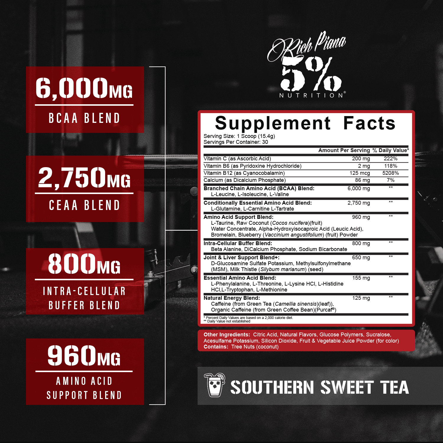 5% Nutrition Rich Piana AllDayYouMay Caffeinated BCAA Energy Powder | Premium Pre Workout Amino Energy & Electrolytes | Hydration, Endurance & Recovery | 16.3 oz, 30 Servings (Southern Sweet Tea)