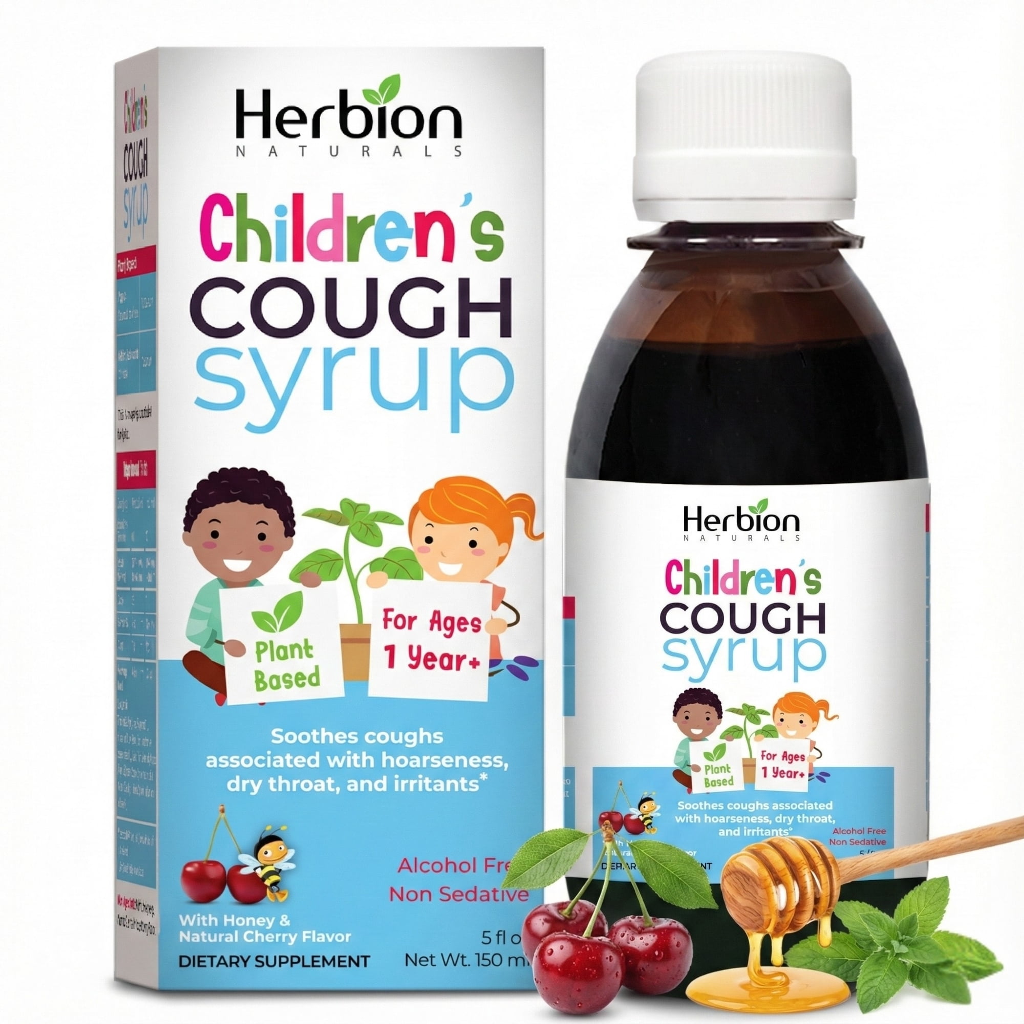 Herbion Naturals Cough Syrup for Children - 5 FL Oz - Good Tasting Supplement with Natural Honey & Cherry Flavor, Helps Relieve Cough, Promotes Healthy Lung Function - For Kids 13 Months and above.