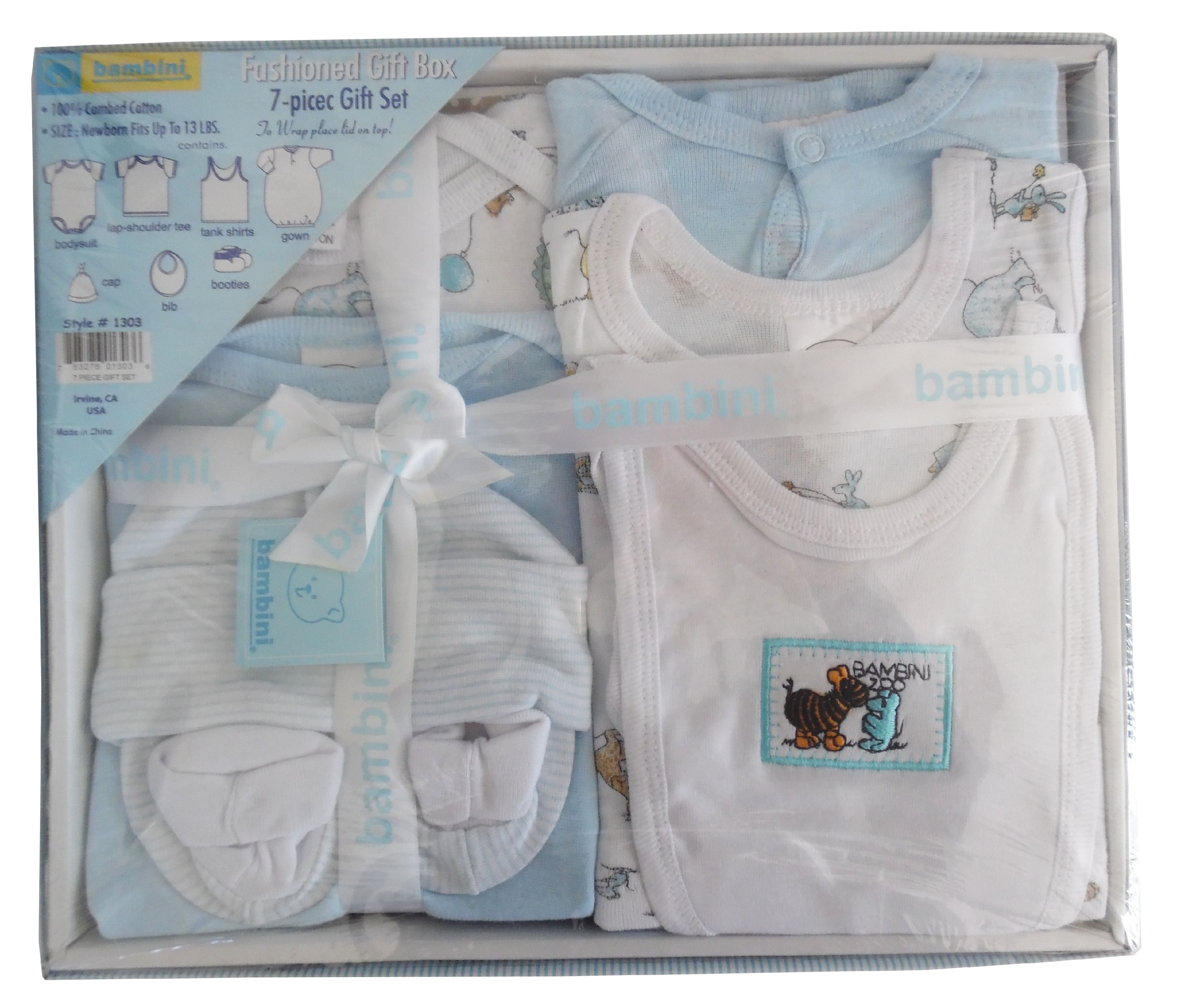 NEW Baby Boys Layette Set Blue & Jungle Animals Design 5 Piece Outfit & Gift Bag 