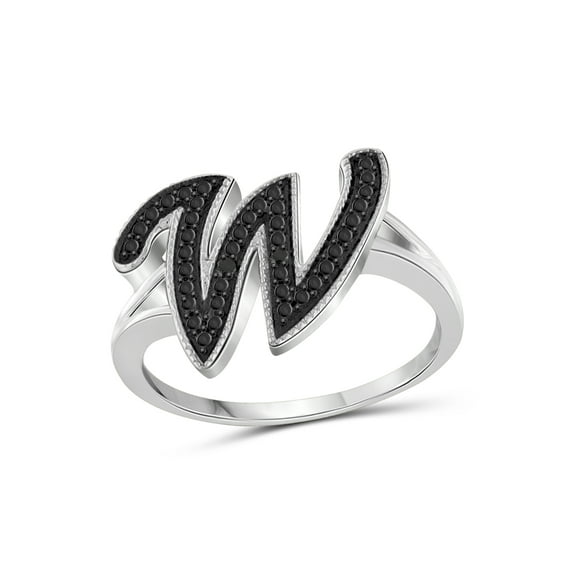 JewelersClub Accent Black Diamond Initial Letter Ring for Women | Customizable Sterling Silver W Alphabet Monogram Ring for Girls | Cursive Script Capital Letters | Personalized Jewelry Gift for Her