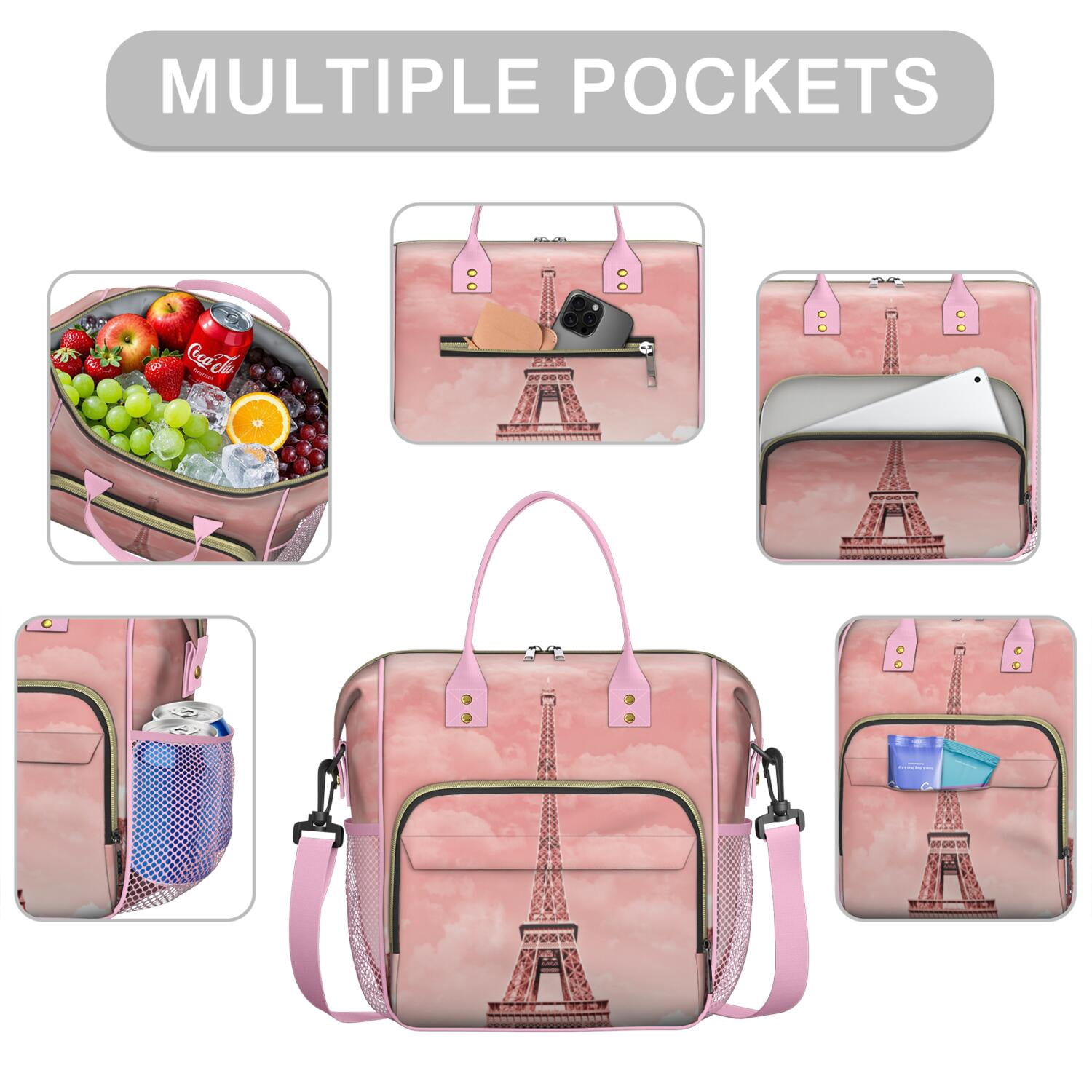 Girly Pink Leakproof Cooler Bag - Vintage Style Insulated Lunch Tote for Beach, Flight & Trip, Fashionable Waterproof Picnic Bag with Multi-Pockets