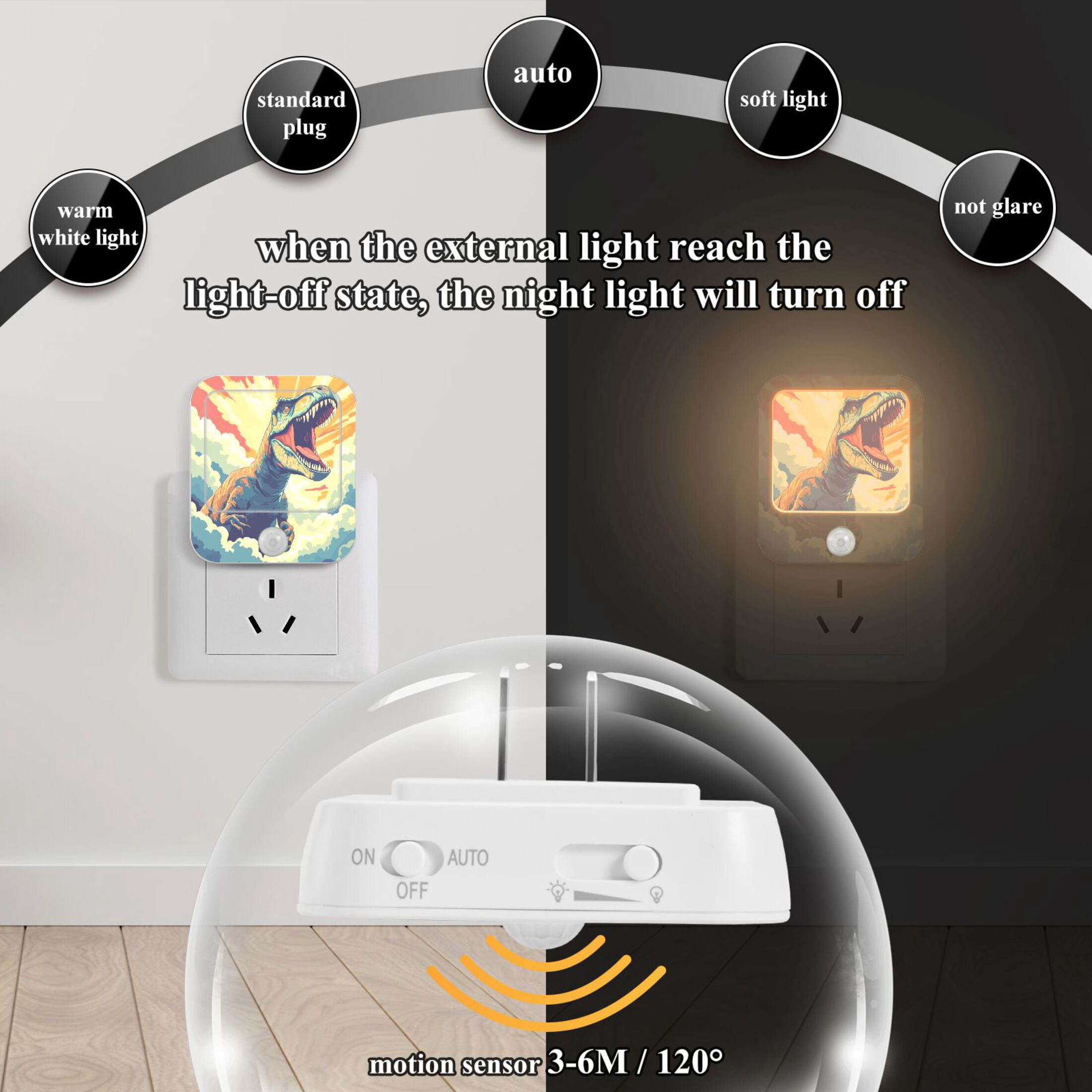 WOBOGO Illustration Of Dinosaur Roaring To The Sky Night Light Lamp with Smart Sensor Dusk to Dawn Sensor 0.6W Plug-in 2-Pack