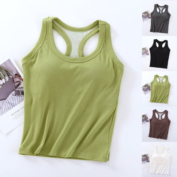 CHUMUD Womens Built-in-Bra Tank Tops Sleeveless Crew Neck Top Raceback Workout Running Yoga Mesh Top Summer Trendy Going Out
