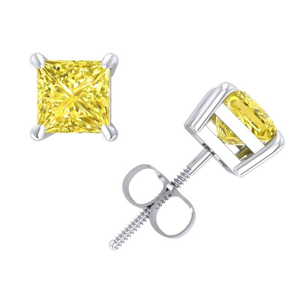 1Carat Princess Cut Yellow Diamond Basket Stud Earrings 14k White Gold Prong Set I1