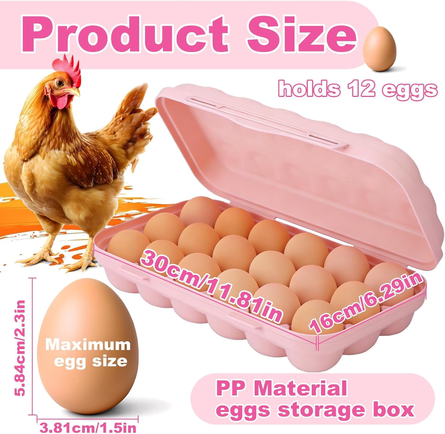 ABPETE Large Capacity Outdoor Egg Holder, Plastic Egg Fresh Carrier Egg Storage Container Organizer Box for Fridge, Stackable Egg Holder for Refrigerator Picnic Hiking Travel, 18 Eggs Tray Pink
