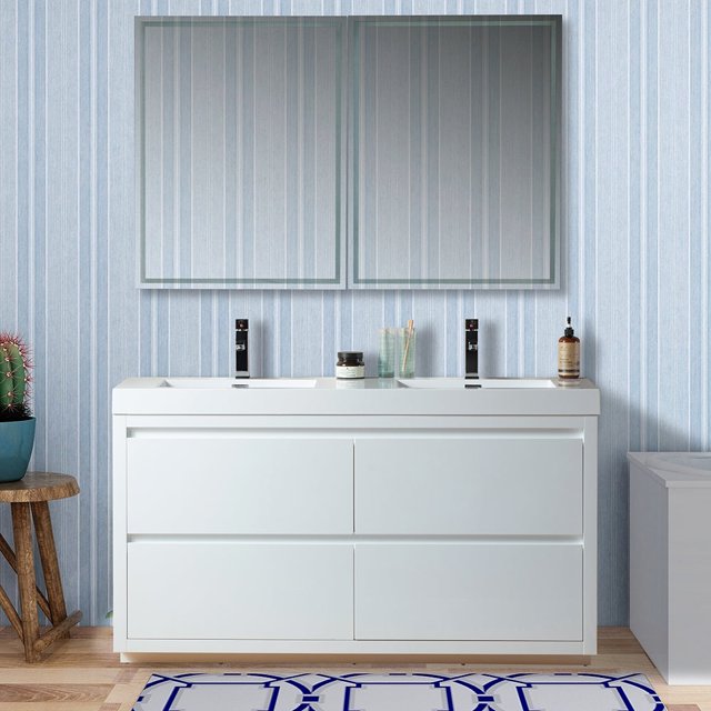 Vanity Art 60 Inches Double Sink Floor Standing Bathroom Vanity Set 2 Drawers Storage Cabinet with White Engineered Stone Top Undermount Rectangle Sinks