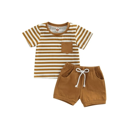 

Toddler Baby Boy Summer Short Sleeve Striped T-Shirt Tops Elastic Waist Shorts 2Pcs Clothing Sets