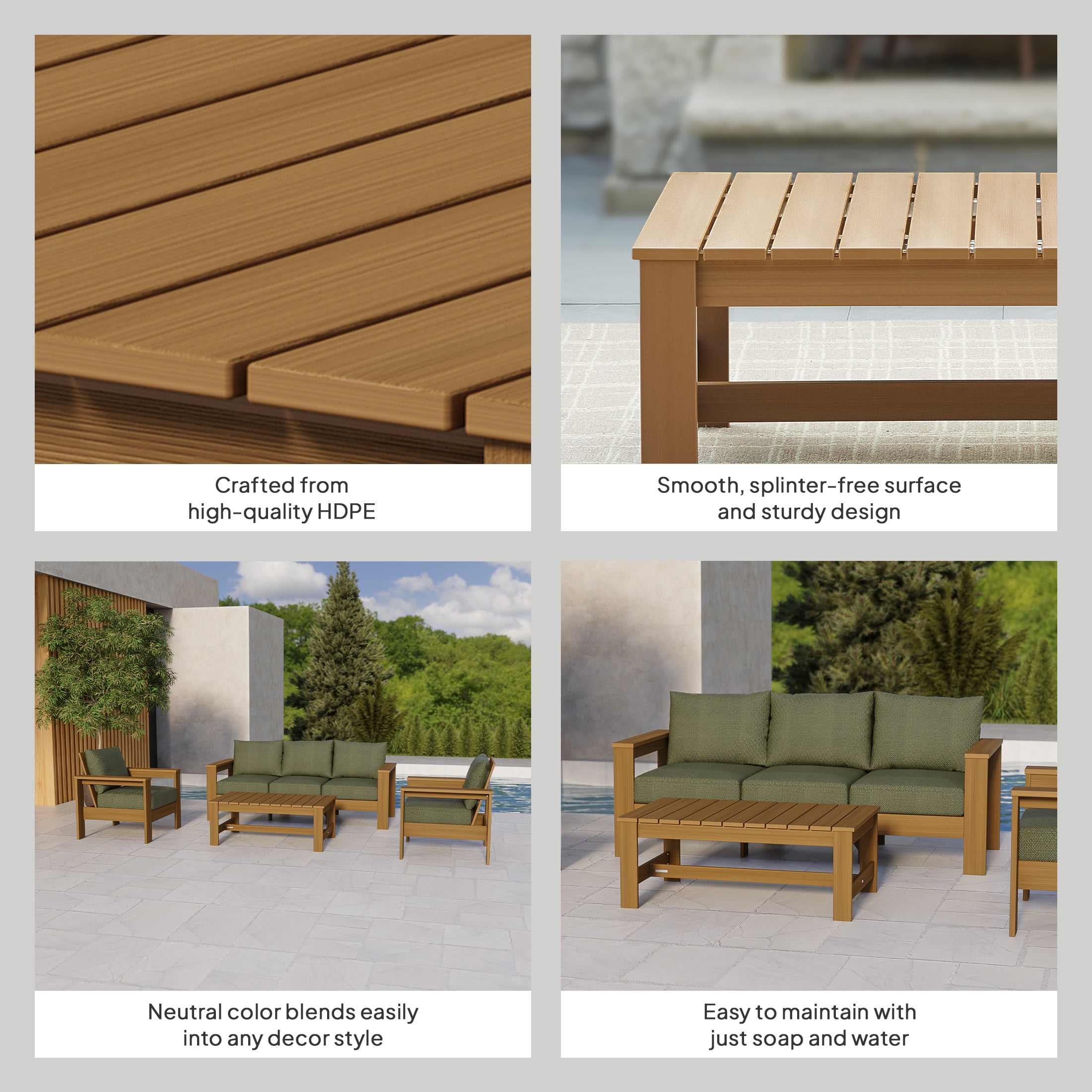 Better Homes & Gardens Ezra 4-Piece Outdoor HDPE Conversation Set, Teak with Green Cushions