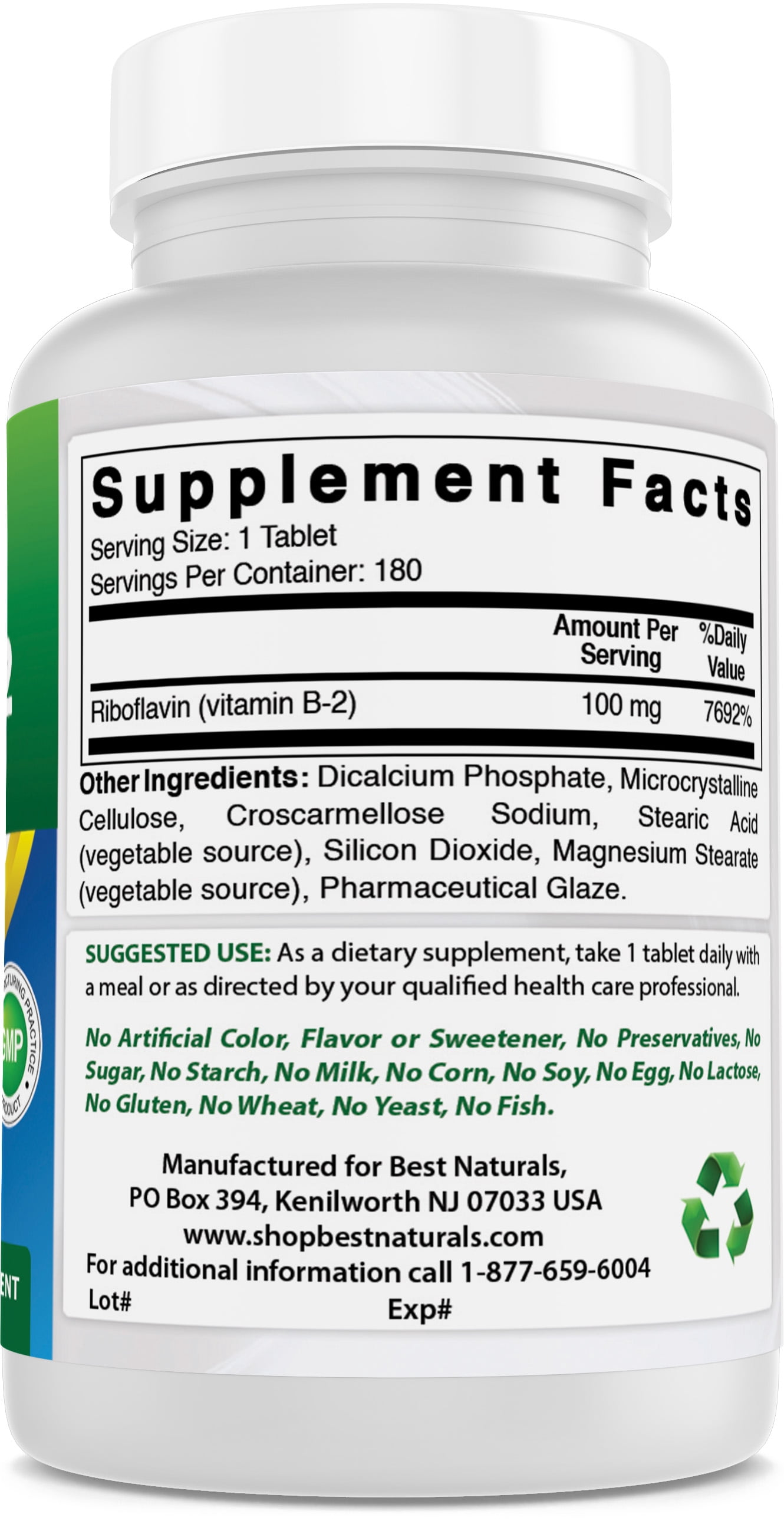 Best Naturals Vitamin B2 Riboflavin 100 mg 180 Tablets