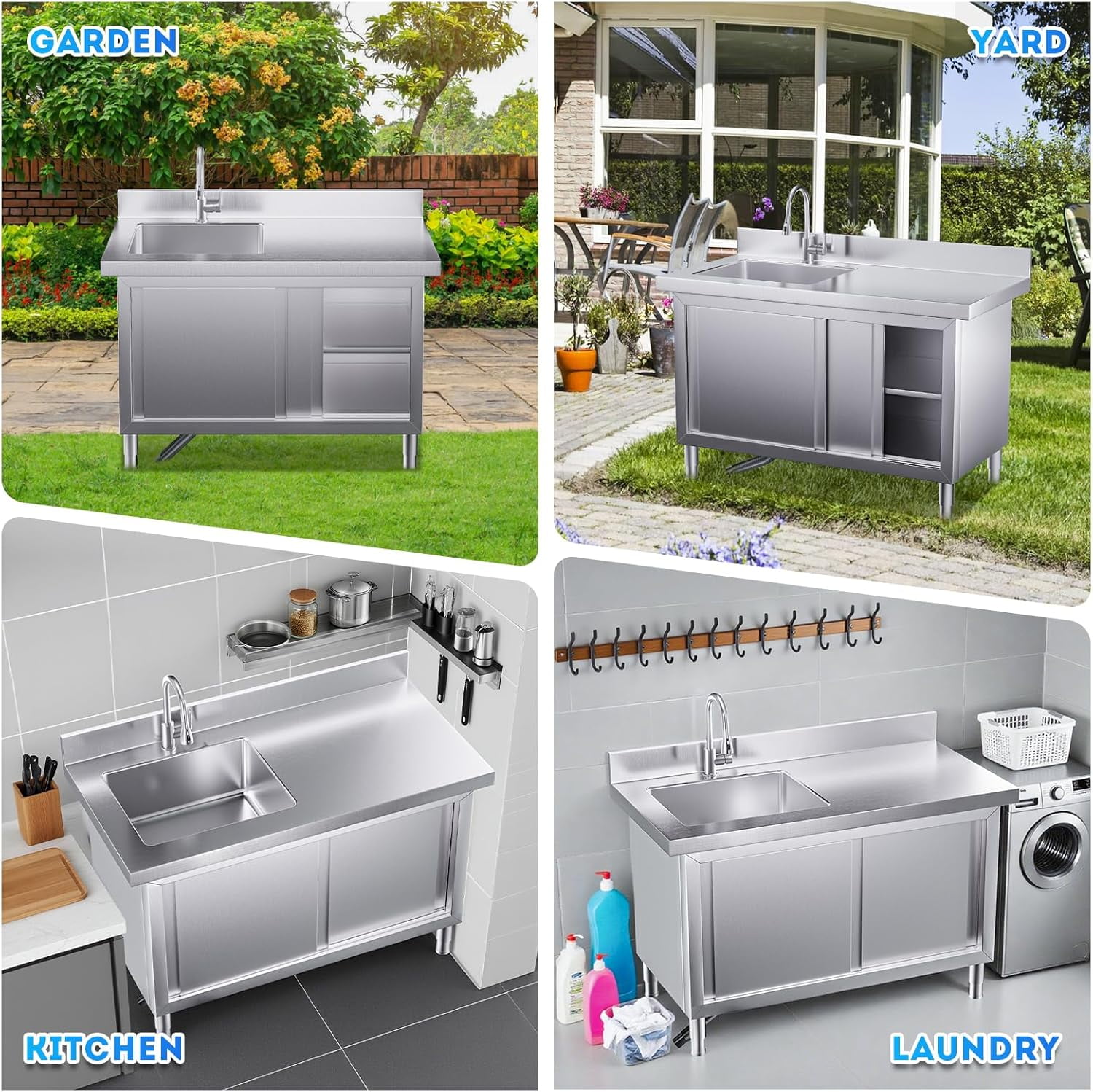 Esheno Outdoor Stainless Steel Kitchen Sink 22.2"D x 43.3"W x 31.5"H Freestanding Workbench Storage Pull-out Faucet For Garage