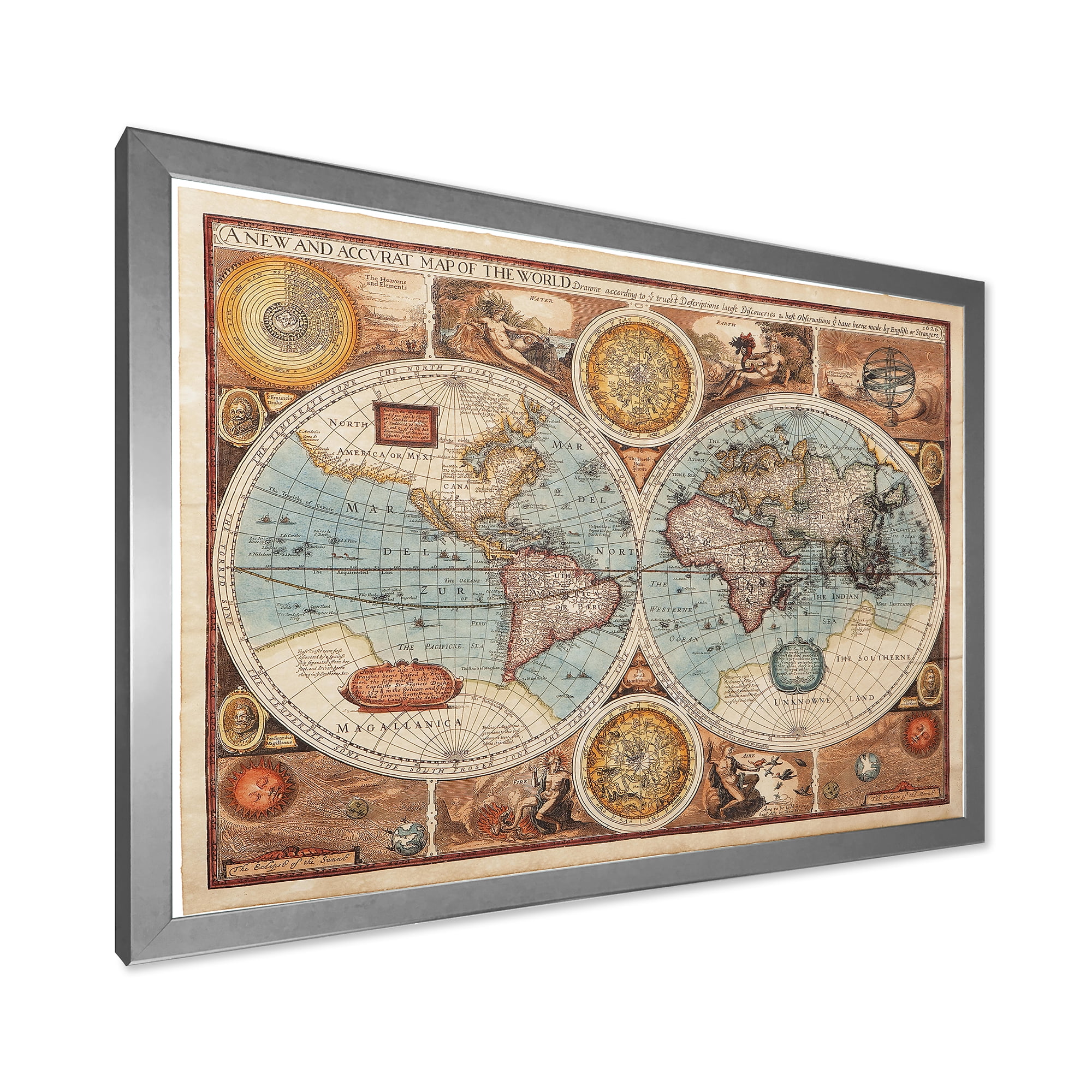 Designart 'Vintage Map of The World VIII' Vintage Framed Art Print