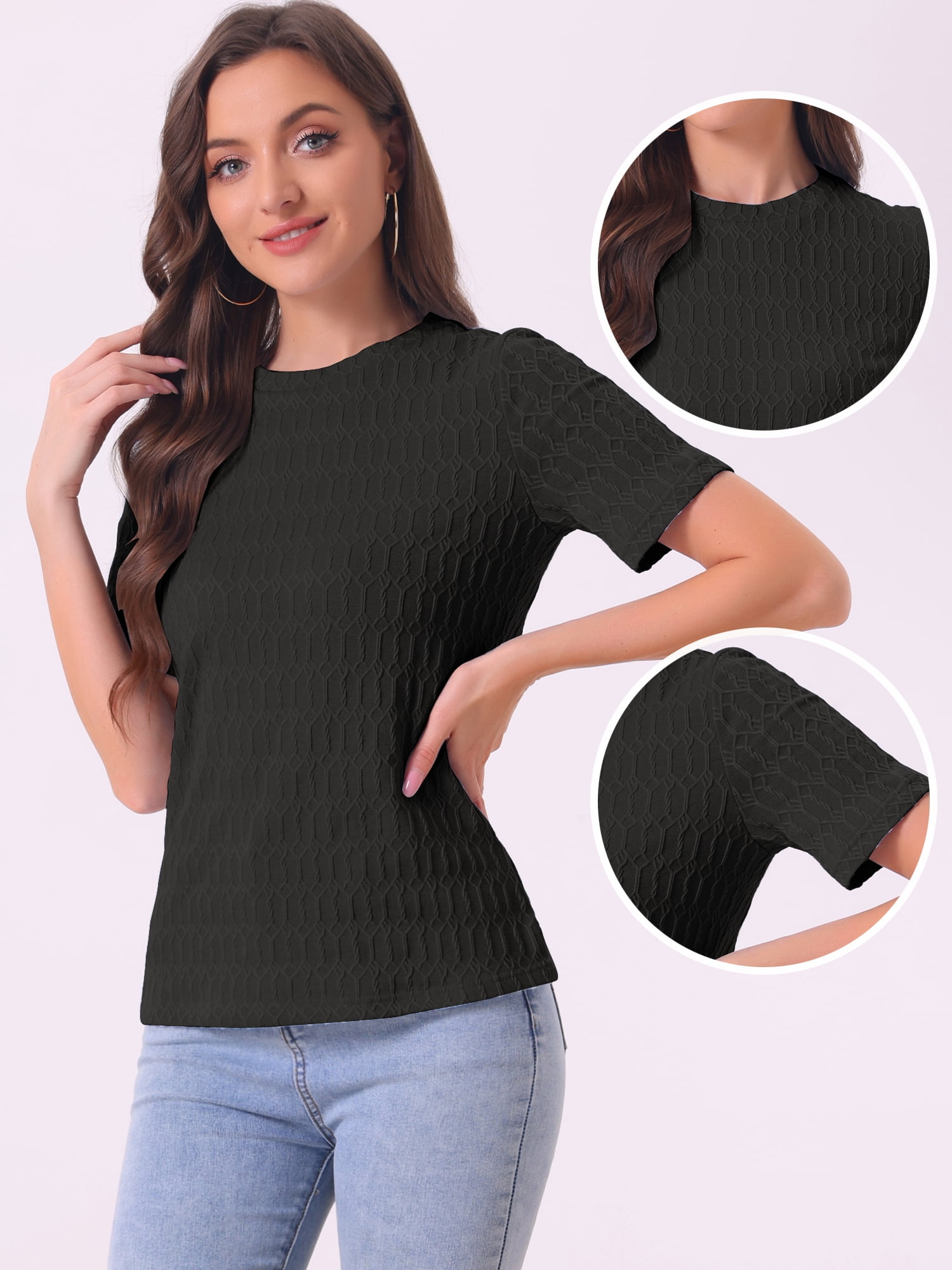 DARING DIVA Women's Round Neck Basic Textured Top M Black