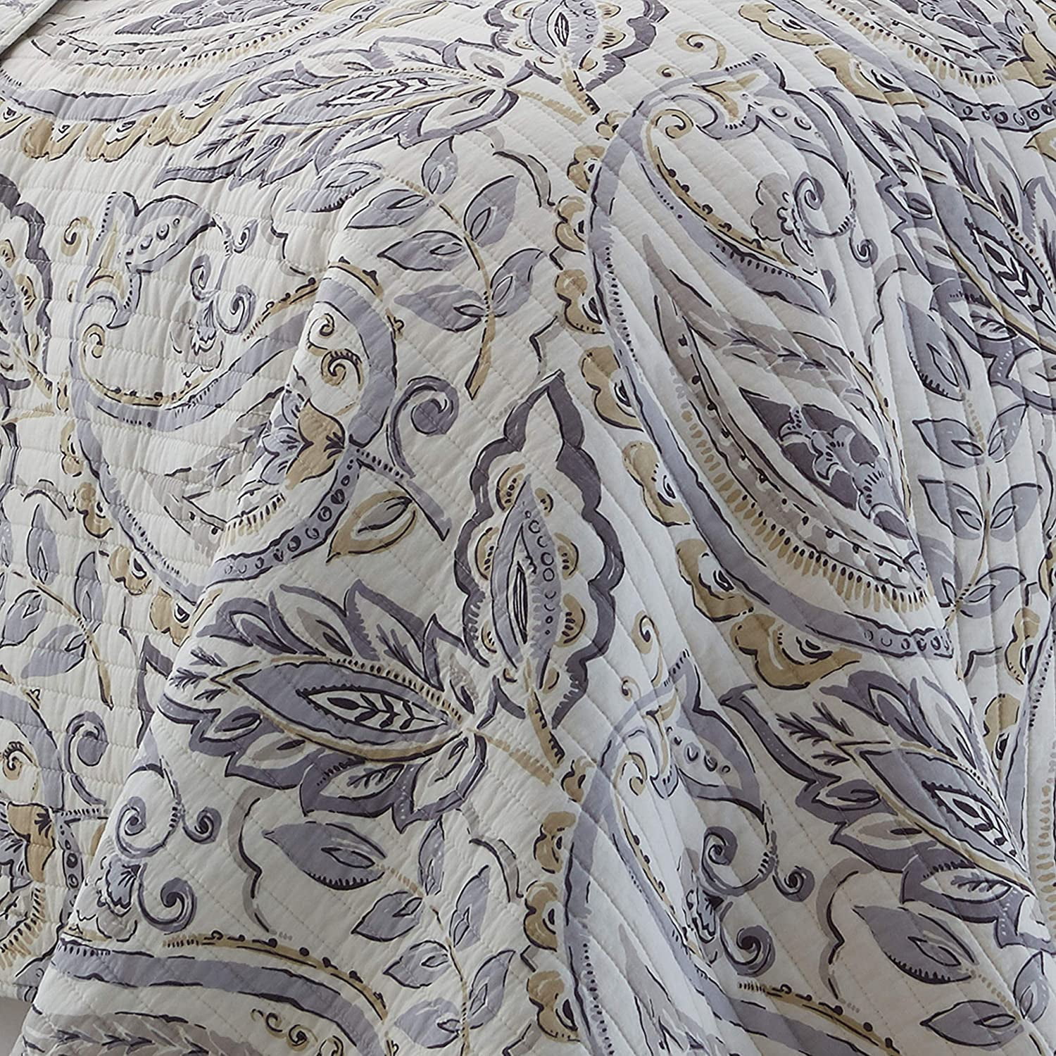 Levtex Home - Tamsin Grey Quilt Set - King Quilt + Two King Pillow Shams - Modern Paisley - Grey Taupe Off-White - Quilt Size (106x92in.) and Pillow Sham Size (36x20in. ) - Reversible - Cotton
