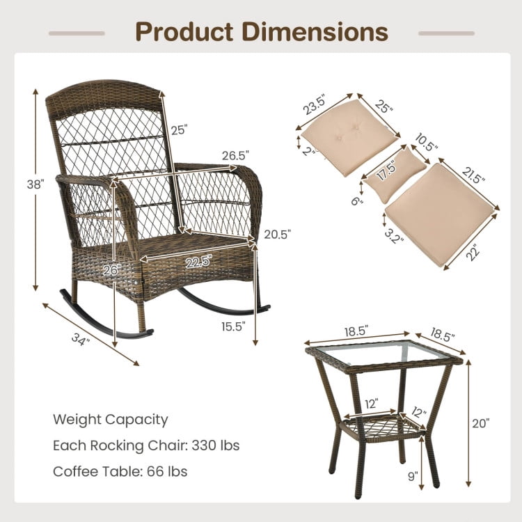 Aimee Lii 3 Pieces Outdoor Hand-Woven PE Rattan Conversation Set with Tempered Glass Coffee Table, Patio Sectional Furniture Set, Beige