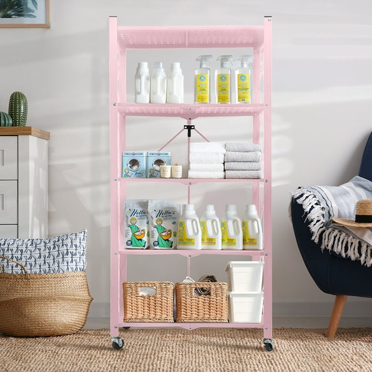 COOKCOK 5 Tier Storage Shelving Unit Metal Shelf 27.9 x13.4 x62.5 Foldable Storage Shelf with Wheels Garage Shelf Kitchen Shelf with 4 Hooks No