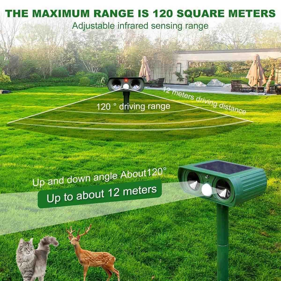 Solar Ultrasonic Animal Repellent Dog Skunk Deer Raccoon For Garden Farm Yard